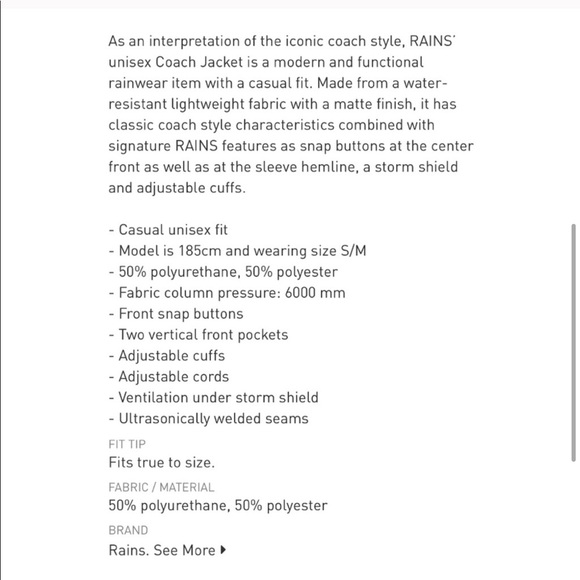 ARITZIA • RAINS • coach waterproof jacket unisex - Picture 4 of 5